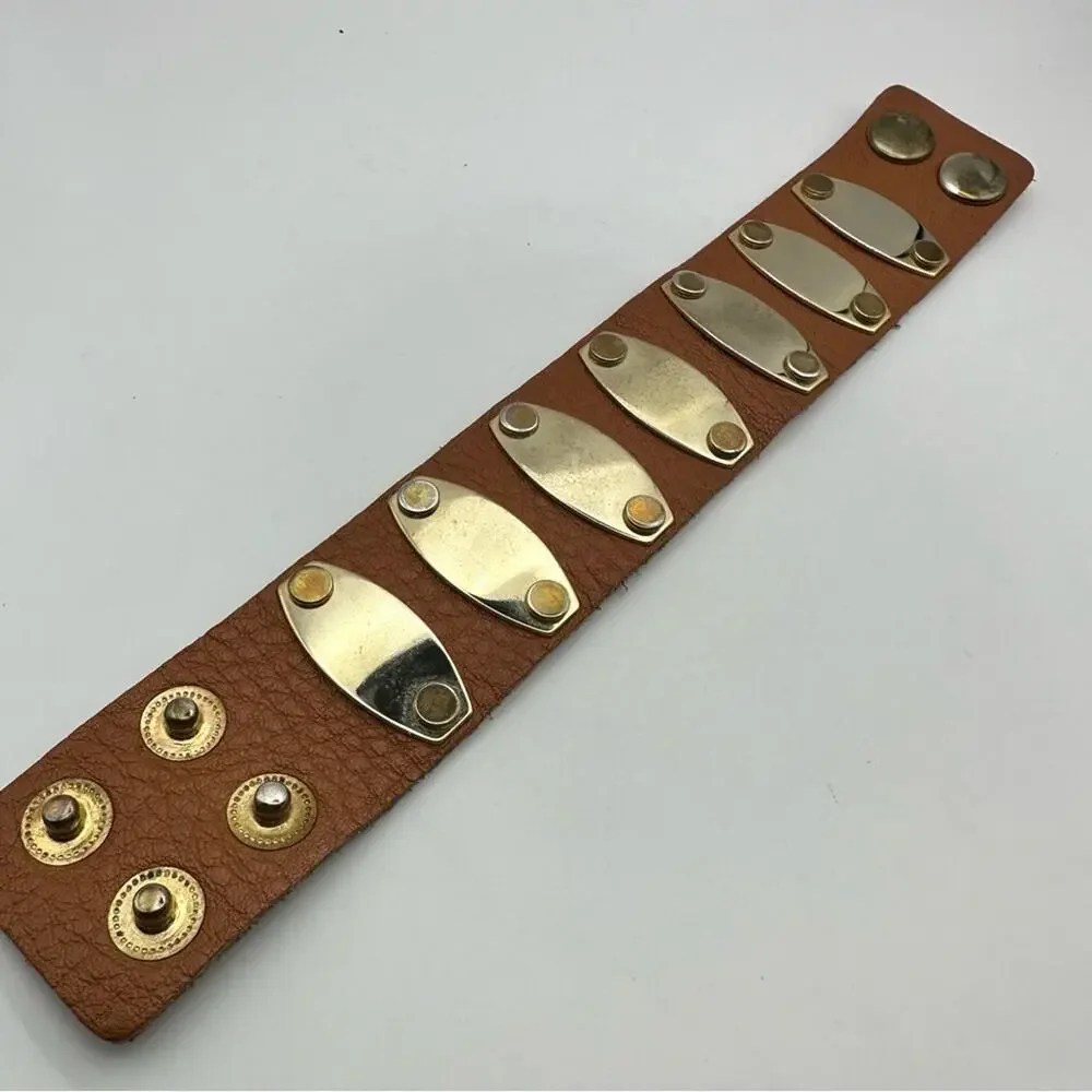 Western Brown Leather Bracelet Gold Metal Cuff Coastal Cowgirl Casual Jewelry